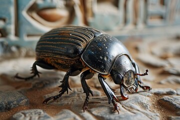 Khepri: The Celestial Scarab A dung beetle that rolls the sun across the sky, Khepri represents creation and renewal, hieroglyph wall background ancient egypt - obrazy, fototapety, plakaty