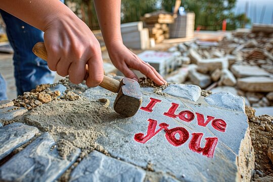 woman hands sculpting red i love you text with hammer and chisel on a stone