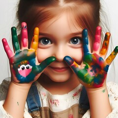 Portrait of a funny child girl shows hands dirty with paint.
