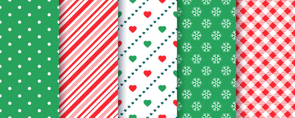 Christmas backgrounds. Seamless patterns. Set holiday textures with polka dots, candy cane stripes, snowflake and plaid. Red green Xmas New year prints. Festive wrapping paper. Vector illustration