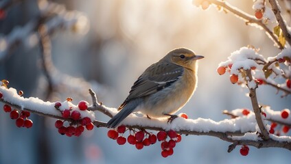 A bird sitting on a snowy winter branch with red berries. Nature. Rays of light. Daylight. Winter season background or nature wallpaper.