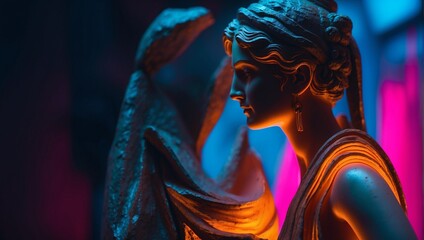 Female sculpture of the goddess of Ancient Greece on a neon background. Bright colors and glare from the light. Renaissance statue. The architecture of antiquity.