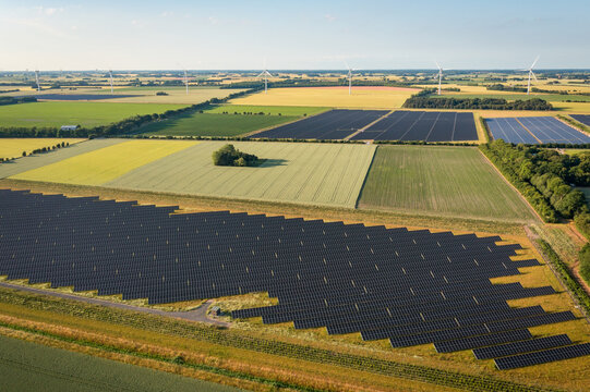 aerial panorama panorama view of rural landscape and solar panels