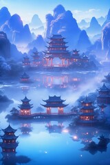 Fototapeta premium Chinese fantasy ancient style ancient architectural wallpaper
