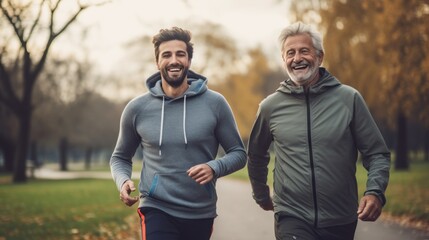 Fototapeta premium Happy mature father with son talking running outdoor on a bright day. healthcare after retirement concept.