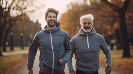 Obraz premium Happy mature father with son talking running outdoor on a bright day. healthcare after retirement concept.