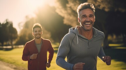 Happy mature father with son talking running outdoor on a bright day. healthcare after retirement...