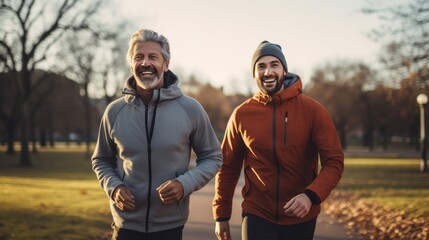 Happy mature father with son talking running outdoor on a bright day. healthcare after retirement concept.