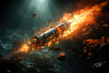 A gripping image of a spaceship caught in a fiery explosion among asteroids, perfect for sci-fi and space adventure themes.