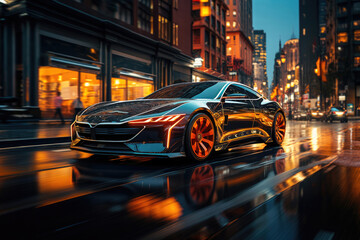 A sleek luxury sports car speeding through a vibrant downtown cityscape at night, illuminated by...