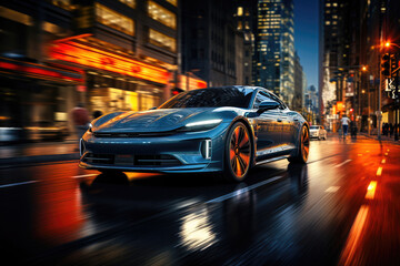 A sleek sports car captured in motion on a vibrant city street at dusk with urban lights reflecting...