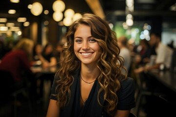 Fototapeta na wymiar A young, cheerful woman with curly hair smiling warmly in a modern restaurant setting surrounded by soft lighting.