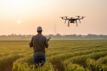 Farmer controls drone with a tablet. Smart farming and precision agriculture..