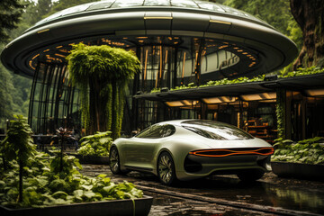 Futuristic concept car parked in front of a modern, eco-friendly architectural structure surrounded by lush forest greenery.