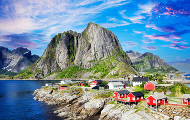 Lofoten Summer Landscape Lofoten is an archipelago in the county of Nordland, Norway. Is known for a distinctive scenery with dramatic mountains and peaks
 - obrazy, fototapety, plakaty