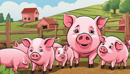 A cartoon pig family posing for a picture