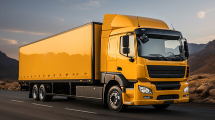 Fototapeta na wymiar Yellow color prime mover delivery truck company branding, mockup image with empty sides with clear surfaces for editing purposes 