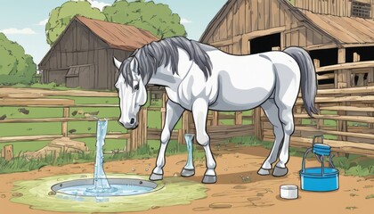 A white horse drinking from a puddle - obrazy, fototapety, plakaty