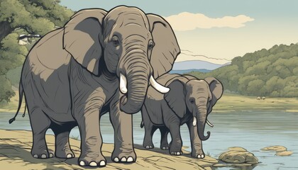 A family of elephants walking by a river