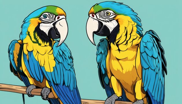 Two parrots with blue and yellow feathers sitting on a branch