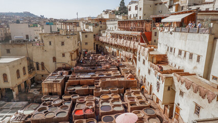 Factory for processing leather with natural materials  in Fez, Morocco.