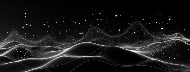 Wide banner wallpaper background illustration of dotted write waves pattern design on black background 