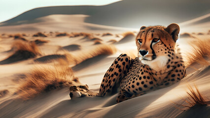 Cheetahs also crouch on the sand dunes, resting during the daytime. - obrazy, fototapety, plakaty