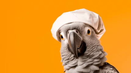 Foto op Plexiglas Parrot in chef's hat on an orange background, place for your text © Daria17
