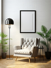 Blank black poster frame mockup on white wall, feminine, natural bright light, light armchair, scandinavian style
