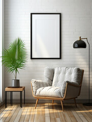 Empty frame mockup on white brick wall in living room interior in Scandinavian style