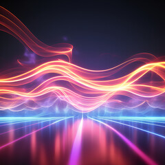 Fototapeta na wymiar A 3d abstract line smoke network neon wave Vanishing Point with dark background. Back Light