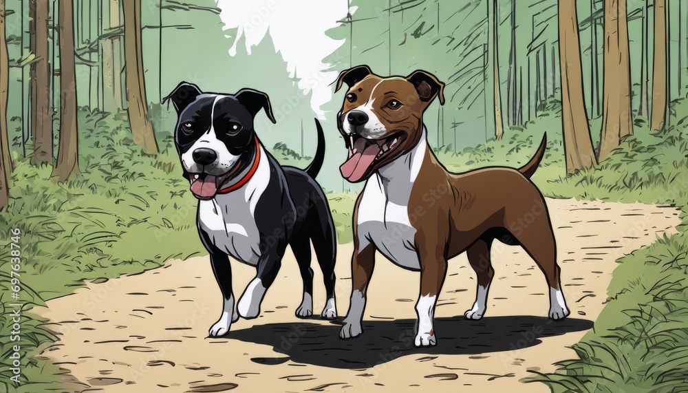 Sticker Two dogs, one black and white, one brown and white, standing on a dirt path