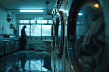 reflective surfaces in the laundry room to capture the person's reflection while performing laundry tasks, adding a layer of introspection and cinematic depth to the photo