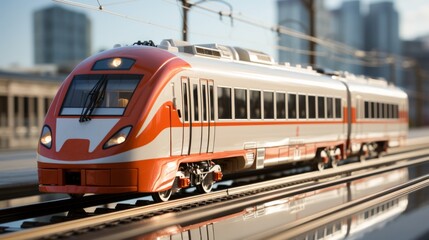 Fototapeta premium A bustling train station with a red highspeed train on the tracks, surrounded by buildings and the open sky, serving as a transport hub for commuters and travelers alike