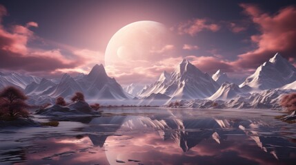Digital art of a snowy mountain landscape with a setting sun and large moon. Pink and purple sky reflects in still water, casting a warm glow on snowy peaks - Powered by Adobe