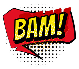 Comic colored hand drawn speech bubble. Retro cartoon sticker. Funny design item illustration. Comic text BAM sound effect in pop art style