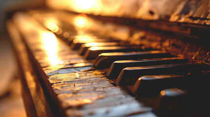 Vintage piano keys in warm glowing light.
