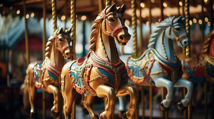 Carousel horses in a merry-go-round. - obrazy, fototapety, plakaty