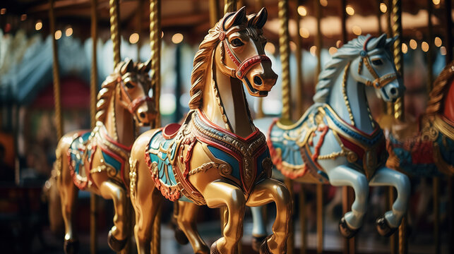 Carousel horses in a merry-go-round.