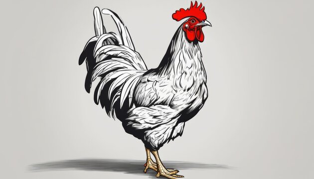 A rooster with a red head and white body stands on one leg
