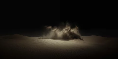 Foto op Plexiglas desert sand surface - black background - sand in the wind - windy sand burst on the sand surface - empty night desert landscape - fantasy dark background © ana