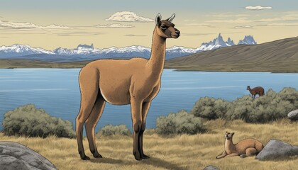 A brown llama stands next to a lake with a smaller llama laying down