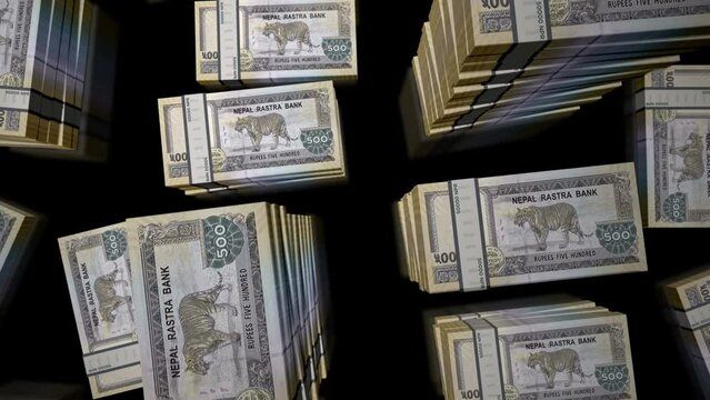 Nepal money Nepali rupees notes packs loop. 3D flight over 500 NPR banknotes stacks towers. Loopable seamless abstract background concept of business, economy crisis and finance.