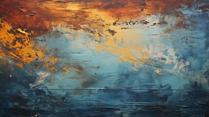A dynamic blend of blue and orange acrylic paints create a striking modern abstract piece that captivates the eye with its vibrant colors and bold brushstrokes