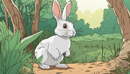 A white rabbit with red eyes is standing in a field