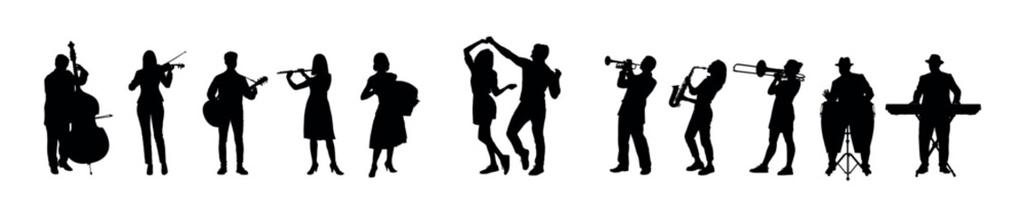 A couple dancing accompanied by music played by a group of musicians in party vector silhouettes.