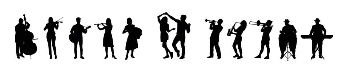 Fotobehang A couple dancing accompanied by music played by a group of musicians in party vector silhouettes. © Andreas