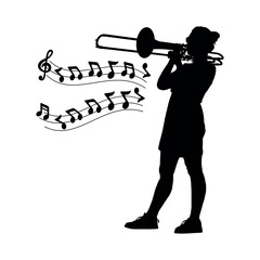Female musician playing trombone with musical notes symbol vector silhouette.