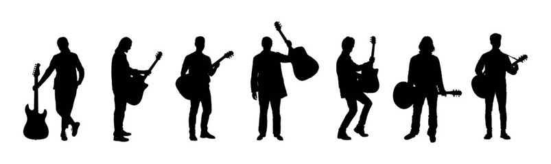 Silhouettes set of group of musicians playing acoustic and electric guitars. - obrazy, fototapety, plakaty