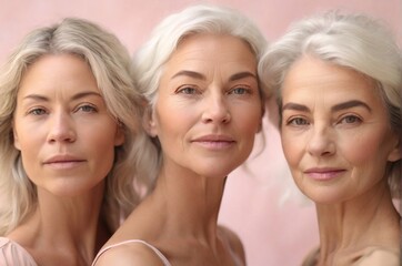 Group of women different ages without makeup on pink background. Pastel pink colors. Concept of female friendship, family relationships, International Women's Day celebration. AI generated